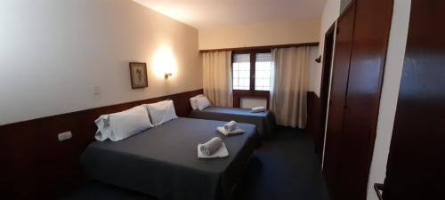 a hotel room with a bed and a window at Hotel Capri in Villa Gesell
