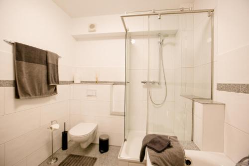 a white bathroom with a shower and a toilet at bonquartier - groß & stylisch - zentral & komfortabel in Siegburg