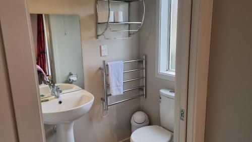 Un baño blanco con lavabo e inodoro. en 9 Leamington Street, en Hanmer Springs