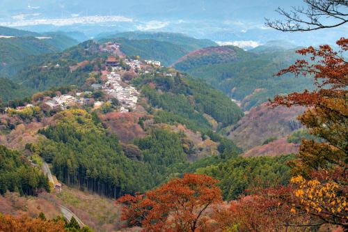 a town on top of a hill in the mountains at Miyoshino Sakuraan in Yoshino