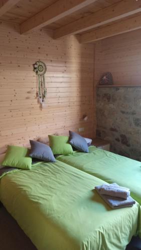 a bedroom with two large beds with green sheets at Abuela Eulalia in Maraña