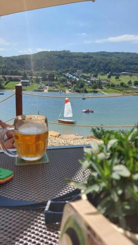 a cup of tea sitting on a table with a view of a river at Apartman Cassovia in Holčíkovce