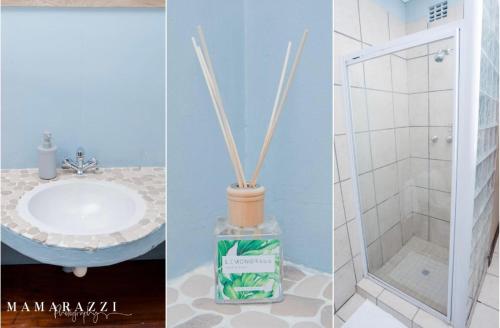 two pictures of a bathroom with a sink and a shower at 4 Gazelle Guesthouse in Nelspruit