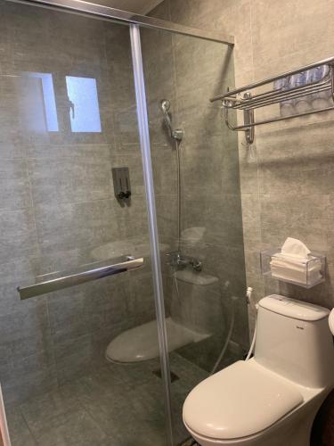 a bathroom with a toilet and a glass shower at Taitung Sun forest in Taitung City