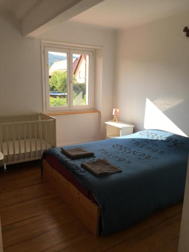 a bedroom with a bed with blue sheets and a window at g&icirc;tes au domaine Greiner in Mittelwihr