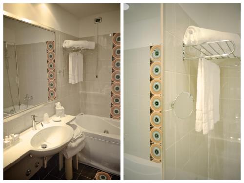 two pictures of a bathroom with a sink and a shower at Hotel Luise in Riva del Garda