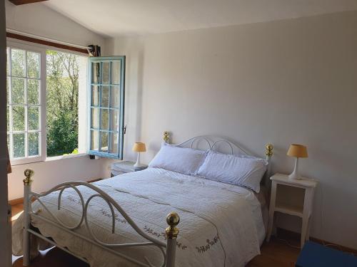 a bedroom with a bed and two windows at Ferme équestre & Chambres d'hôtes Gateau Stables proche Guédelon in Saint-Amand-en-Puisaye