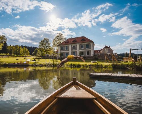 a person jumping into the water from a boat at Aparthotel & Wellness Knížecí cesta in Horní Planá