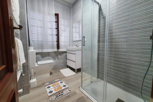 a bathroom with a glass shower and a sink at Apartamento A Fontiña in Pontevedra