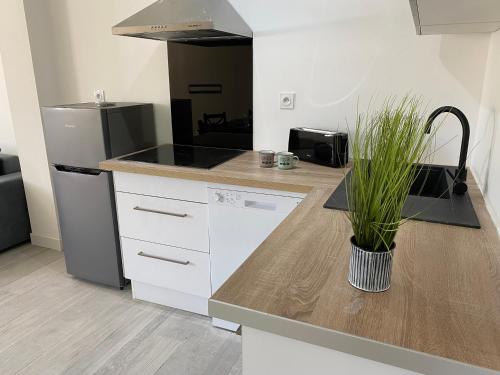 une cuisine avec un réfrigérateur et un plan de travail dans l'établissement Spacieux T2, Résidence Charles Trenet, à Narbonne