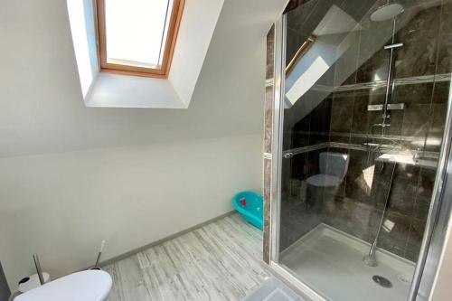 une salle de bain avec douche et toilettes dans l'établissement La Grange, à Moyenneville