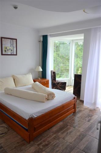a bedroom with a large bed with a window at Vila Liliacul in Stana de Vale