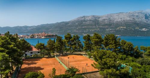 a park with trees and the water and mountains at Aminess Younique Liburna Hotel in Korčula