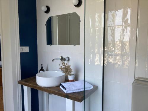 La salle de bains est pourvue d'un lavabo et d'une douche en verre. dans l'établissement Chambres d'hôtes - La Maison 19, à Niort