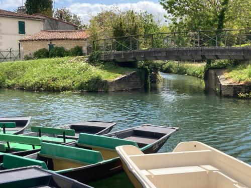 a group of boats on a river with a bridge at Chambres d'hôtes - La Maison 19 in Niort