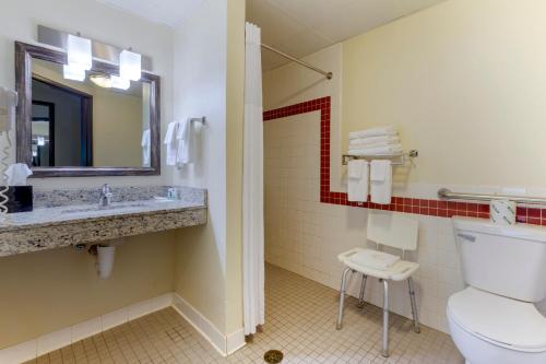 a bathroom with a toilet and a sink and a mirror at Quality Inn in Oshkosh