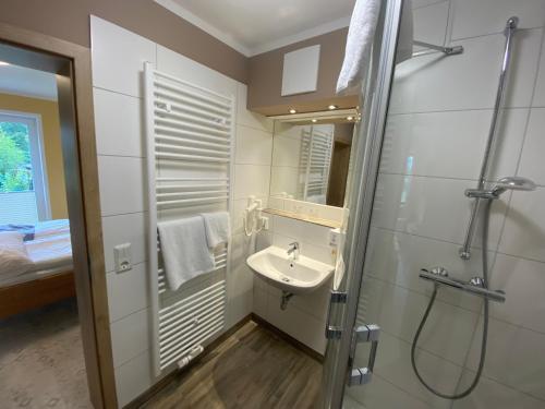 uma casa de banho com um lavatório e um chuveiro em Vorsicht Hôtel em Deyelsdorf