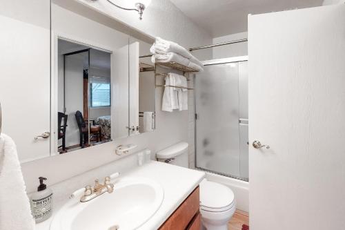 a bathroom with a sink and a toilet and a mirror at Tahome & Tahoe Place in Incline Village