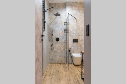 bagno con doccia e servizi igienici. di Apartament JK Toruń a Toruń