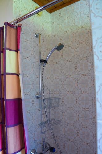a shower in a bathroom with a shower curtain at Gästehaus Christophorus in Innerkrems