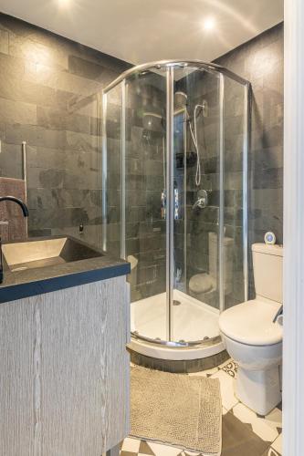 une salle de bain avec une douche, des toilettes et un lavabo dans l'établissement LYS - 7 Min des parcs Walt Disney- Parfait pour les familles- Arrivée Autonome - Parking & Wifi Gratuit, à Magny-le-Hongre