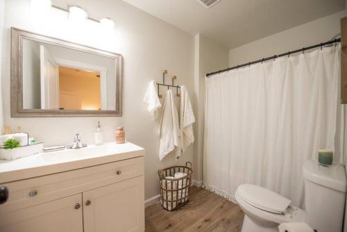 a bathroom with a sink and a toilet and a mirror at NEW-Ethel Rose Cottage-5 min to Magnolia Silos in Waco