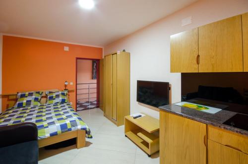 een slaapkamer met een bed en een keuken met een aanrecht bij Novapark in Šetonje