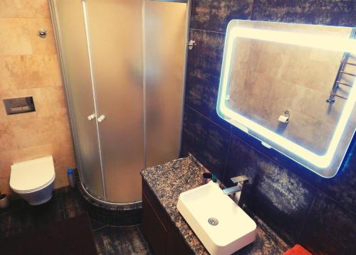 a bathroom with a sink and a shower and a toilet at Комфортні Апартаменти біля Фентезі Парка in Umanʼ