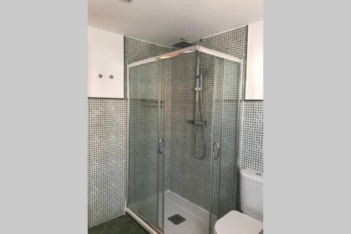 a bathroom with a shower and a toilet at Apartamento primera línea de playa in Finisterre