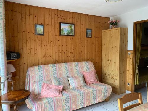 un soggiorno con divano e parete in legno di Studio Embrun plan d eau de 2 à 4 personnes situé 3 chemin de chadenas a Embrun
