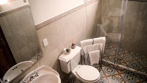 y baño con aseo, lavabo y ducha. en Hotel La Cierva de San Marcos, en Quito