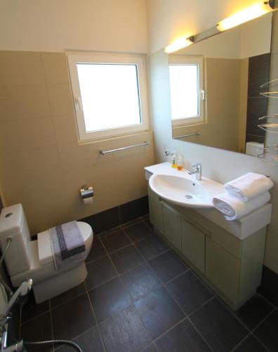 a bathroom with a sink and a toilet and a mirror at Zante Vista Villas in Lithakia