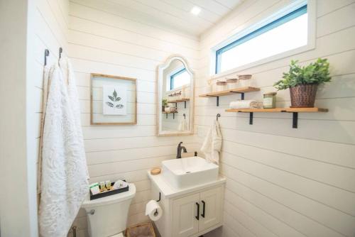 a small bathroom with a sink and a toilet at The Newtonian Tiny Container Home near Magnolia in Bellmead