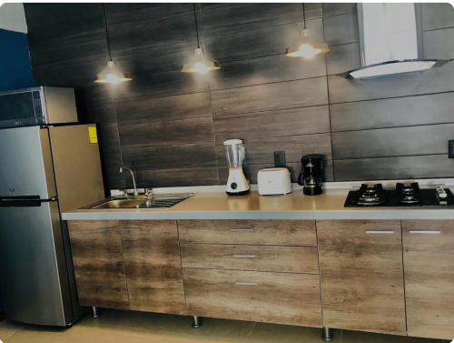 a kitchen with a counter with a refrigerator and a sink at My Beach Condo RG5 in Puerto Vallarta