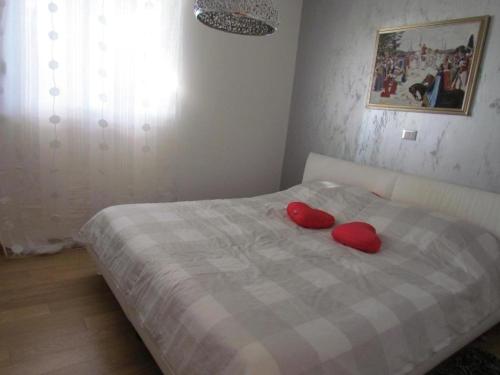 sypialnia z łóżkiem z czerwonymi poduszkami w obiekcie Apartment in Zambratija with sea view, terrace, air conditioning, WiFi (4961-1) w mieście Zambratija