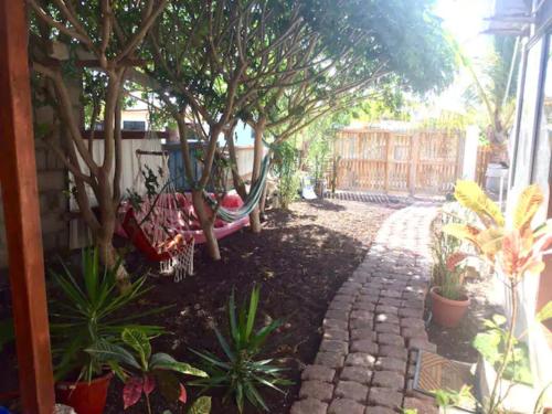 um jardim com um baloiço e algumas plantas e árvores em La Casa de Mike em Puerto Villamil