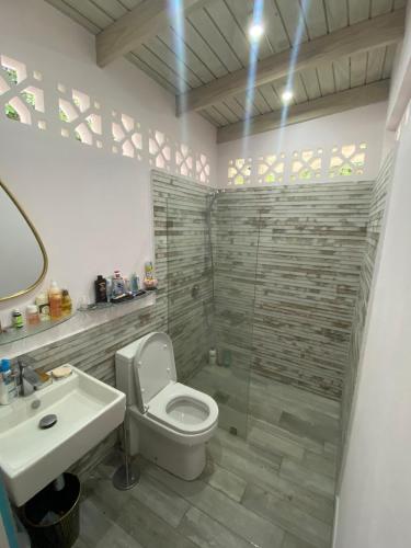 a bathroom with a toilet and a sink at Kismet Garden Cottages - Dover Beach in Christ Church