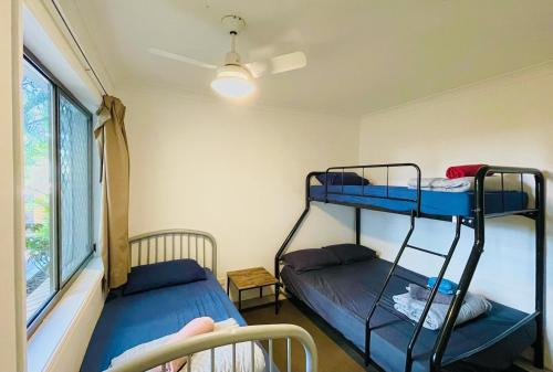 two bunk beds in a room with a window at Maxmee Backpackers Resort in Gold Coast