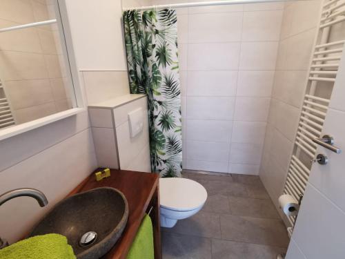 een badkamer met een wastafel en een toilet bij Zum Hofgassl Haus Isi in Mörbisch am See