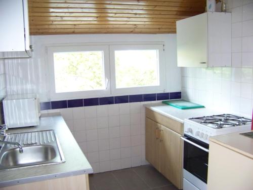 eine Küche mit einer Spüle und einem Herd sowie zwei Fenstern in der Unterkunft Nefelejcs Apartman in Fertőhomok