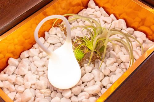 a tray with a white vase and plants in it at Rizo Zaizen Hotel in Ginowan