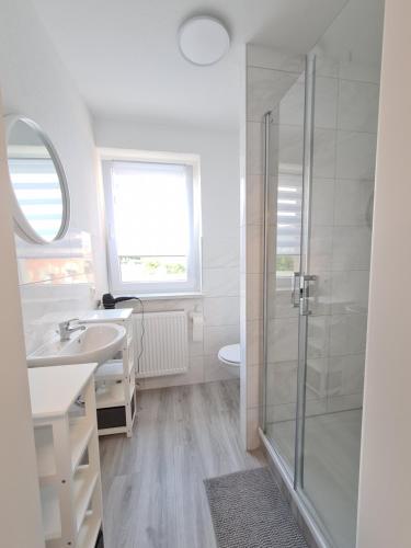 a bathroom with a shower and a sink and a toilet at Ferienwohnung zur Burg in Crölpa