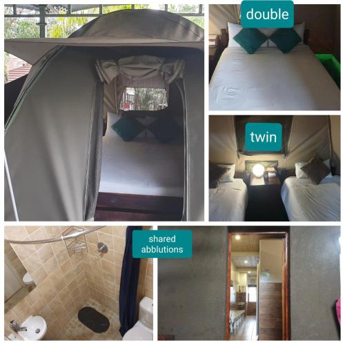 a collage of pictures of a tent with a bed and a tv at The Tree Top Village Urban Glamping in St Lucia