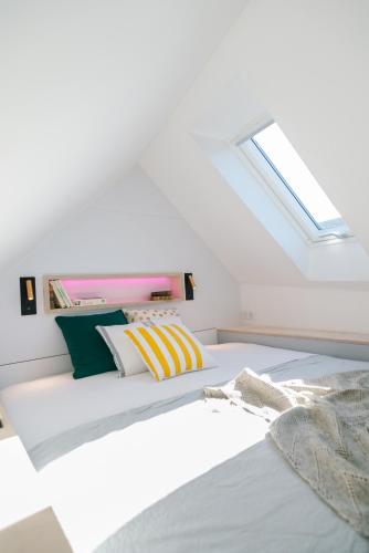 - une chambre avec un lit doté d'oreillers et une lucarne dans l'établissement L'ÉVASION - COZY - RBNB, à Strasbourg