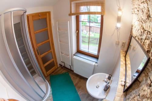 a bathroom with a sink and a mirror at Apartman Vejminek in Abertamy