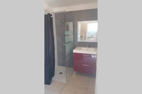 a bathroom with a sink and a mirror at Maison de bourg avec extérieur. in Grez-en-Bouère