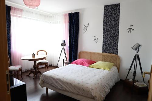Schlafzimmer mit einem Bett, einem Tisch und einem Fenster in der Unterkunft L'escale Aux Framboises in Rouy-le-Petit