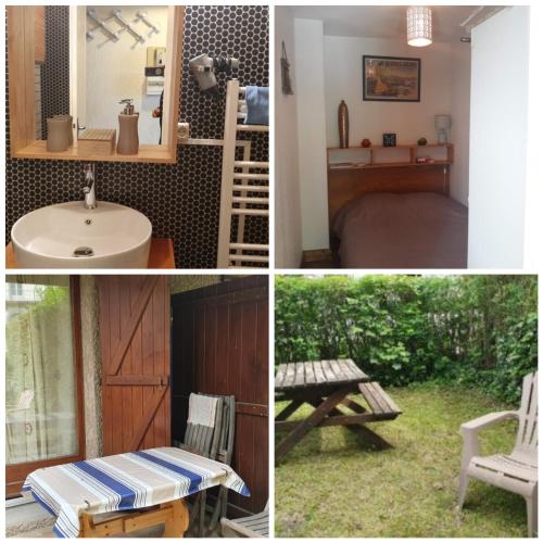 un collage d'images d'une pièce avec un banc et une table dans l'établissement T2 centre avec jardinet, à Luchon