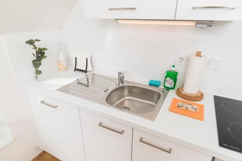 - un comptoir de cuisine avec évier dans une cuisine blanche dans l'établissement Micro Rooftop Penzing, à Vienne