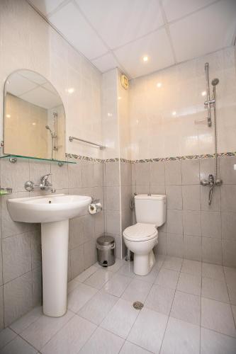 a bathroom with a sink and a toilet and a mirror at Hotel Astra in Sandanski